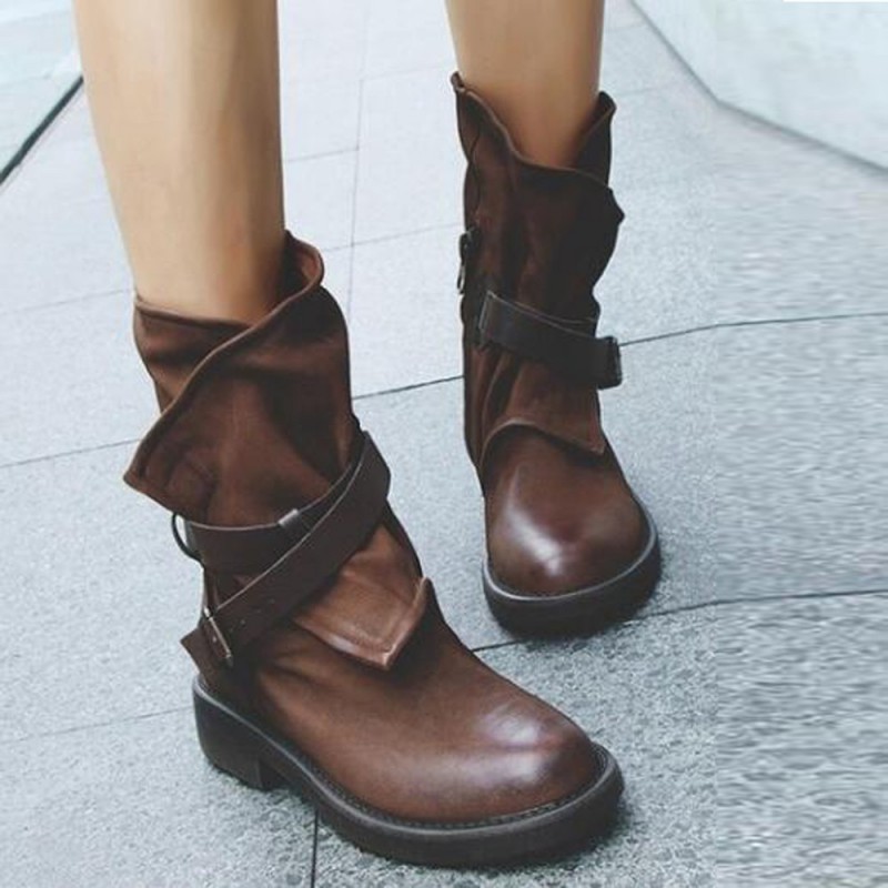 FASHION MEDIUM MILITARY BOOTS WOMEN BUCKLE ARTIFICIAL LEATHER PATCHWORK SHOES