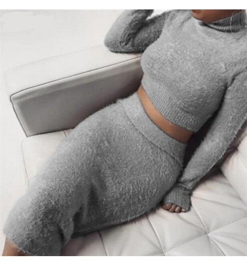 Autumn Women Bandage Suit Long Sleeve Fleece Crop Top Pencil Midi Skirt Solid Bodycon Dress Sweater Tracksuit