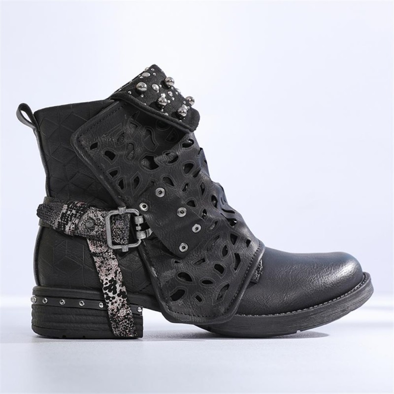 Handmade Rivet Leather Ladies Ankle Boots Winter Round Toe Short Plush Zip Buckle Western Boots Motorcycle Strap Punk Shoes