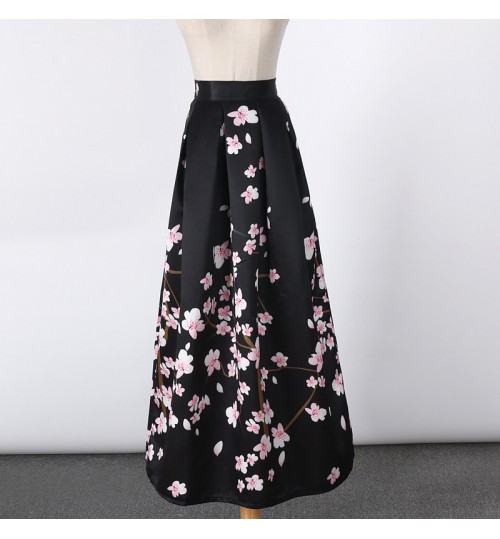 New Satin Women 100cm High Waist Flared Maxi Skirts Peach Blossom Printed Pleated Floor Length Long Skirts