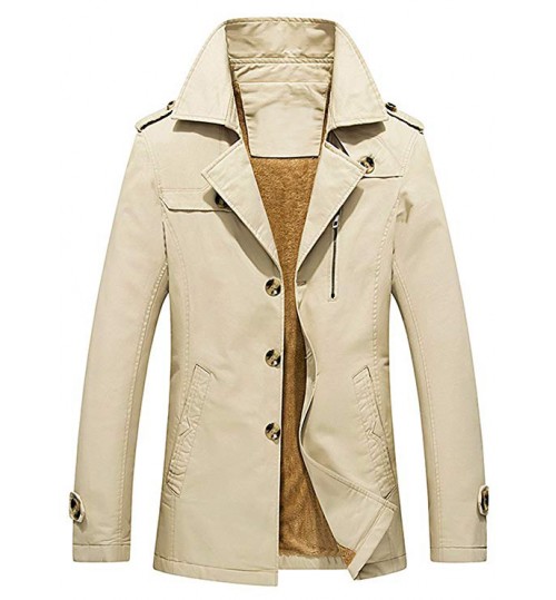 Men's Single-Breast Lightweight Cotton Jacket Coat with Fleece Pea Coat Windbreaker Wind Trench