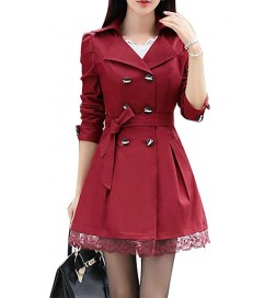 Women Mid Long Double-Breasted Lace Trim Elegant Jacket Trenchcoat