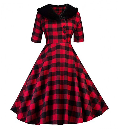 Womens Plaid Print 3/4 Sleeve Lapel Vintage 1950s Party Swing Midi Dress