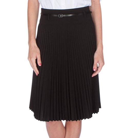 Knee Length Pleated A-Line Skirt with Skinny Belt