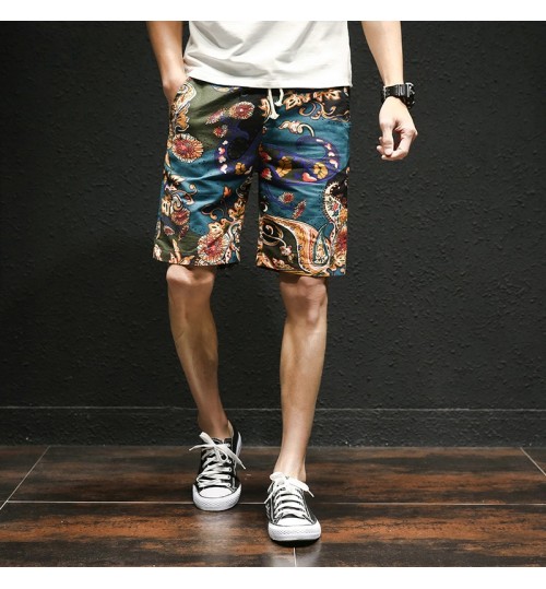 summer new Hawaiian style flower beach shorts men's cotton linen elastic waist large size casual shorts