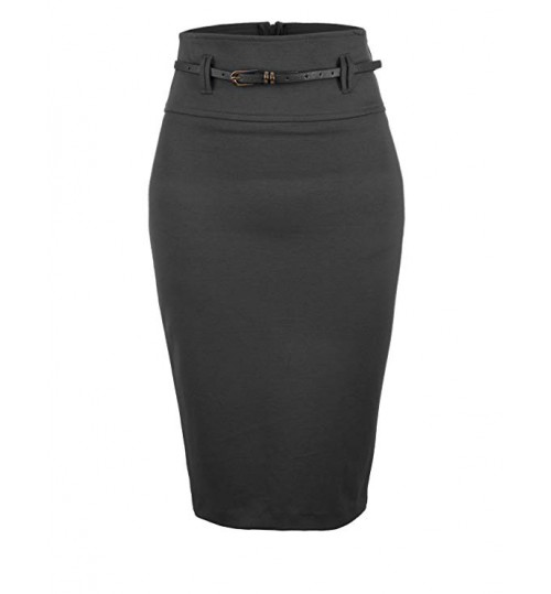 Womens Fitted High Waisted Midi Skirt with Faux Leather Belt