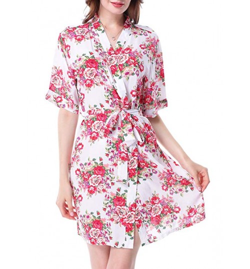 Floral Kimono Robe for Women Short Sleeve V Neck Belted Satin Bridal Sleepwear