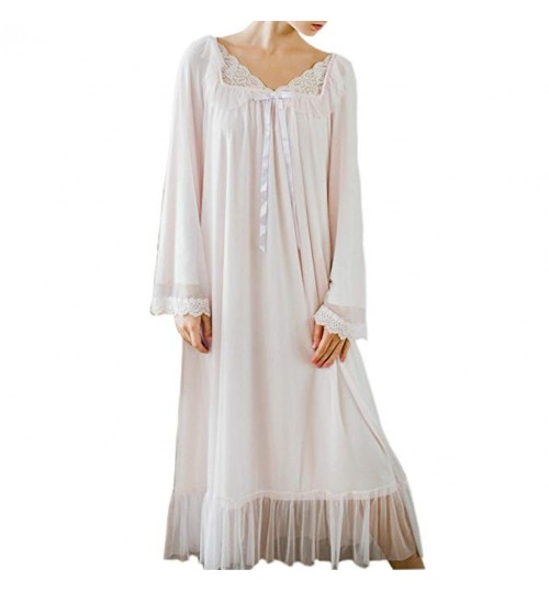 Women's Long Sheer Vintage Victorian Lace Nightgown Sleepwear Pyjamas Lounge Dress Nightwear